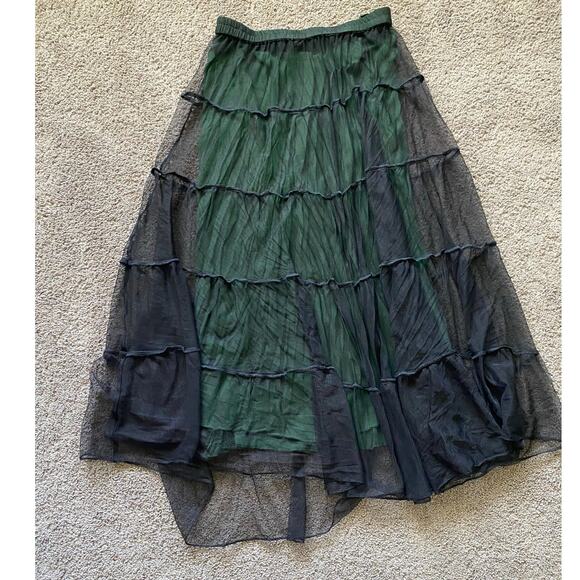 Sterling Styles Pull On Green w/ Black Tulle Witchy Boho Whimsical Midi Skirt - Picture 7 of 7